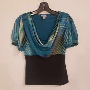 Black and teal blue split blouse sleeve top Worthington Small